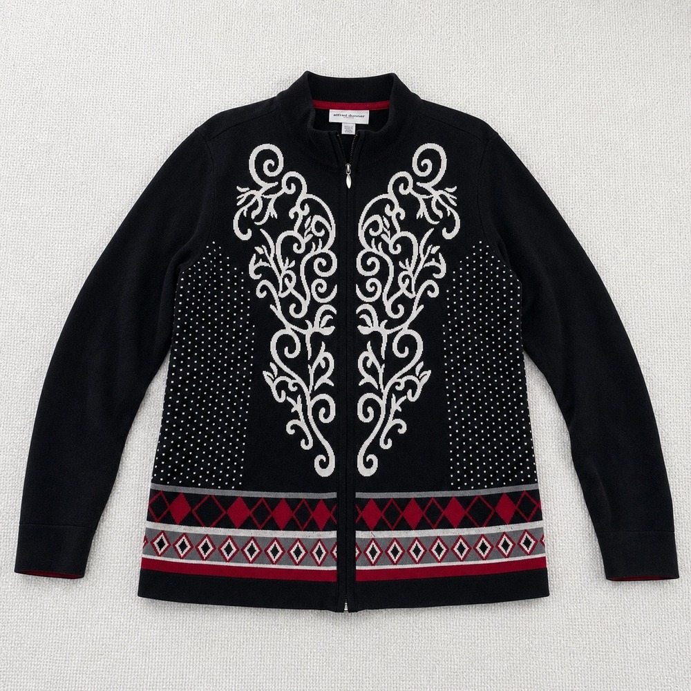 Christopher & Banks Womens XL Black Full Zip Cardigan Scroll Embroidered Sweater
